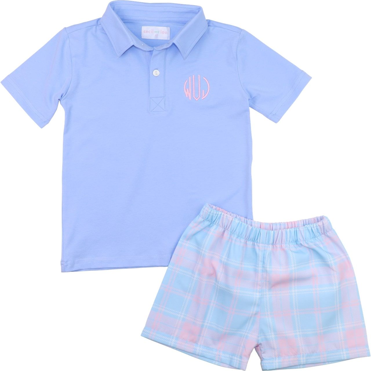 Blue And Pink Plaid Polo Short Set