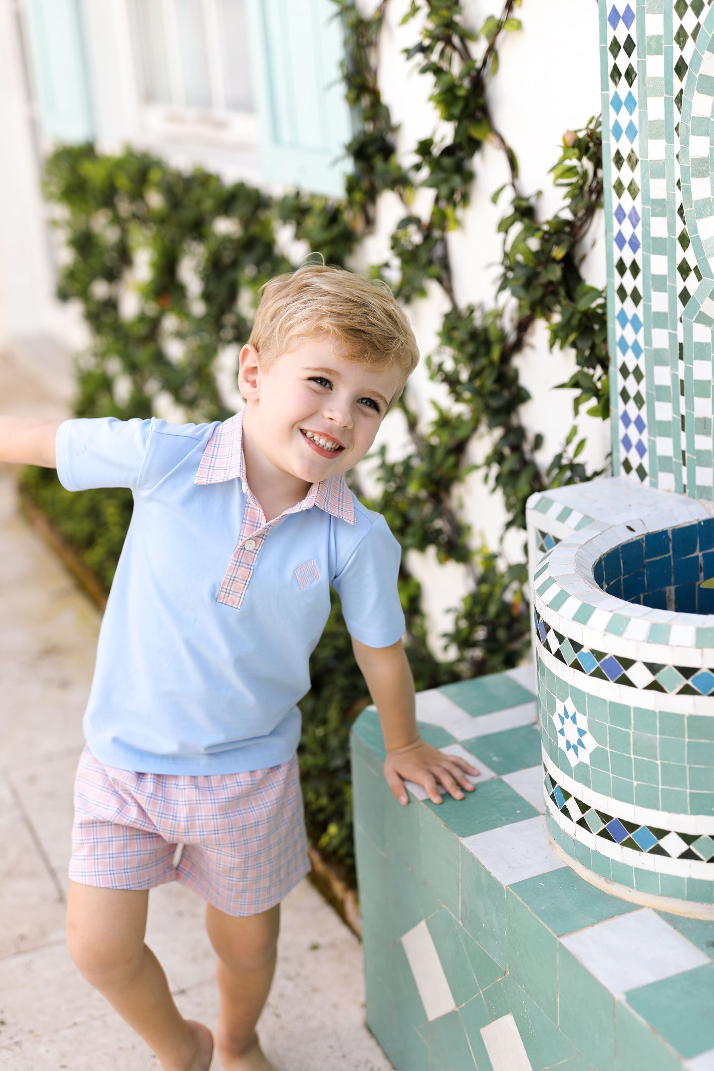 Blue And Pink Plaid Seersucker Polo Short Set