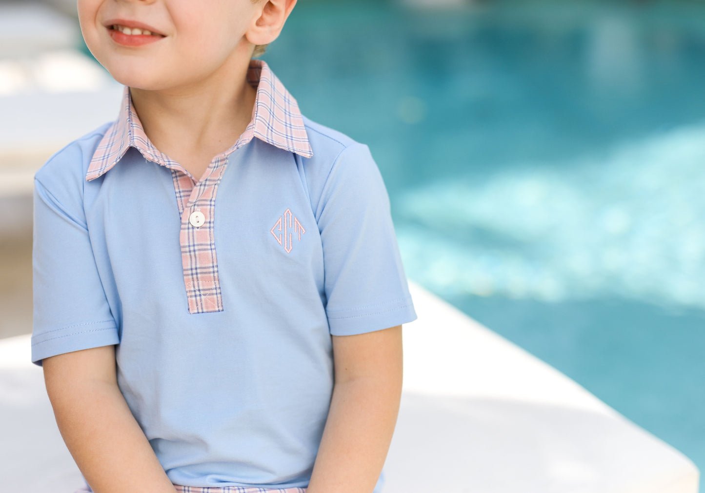 Blue And Pink Plaid Seersucker Polo Short Set