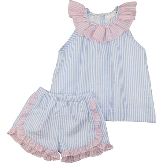 Blue And Pink Seersucker Short Set