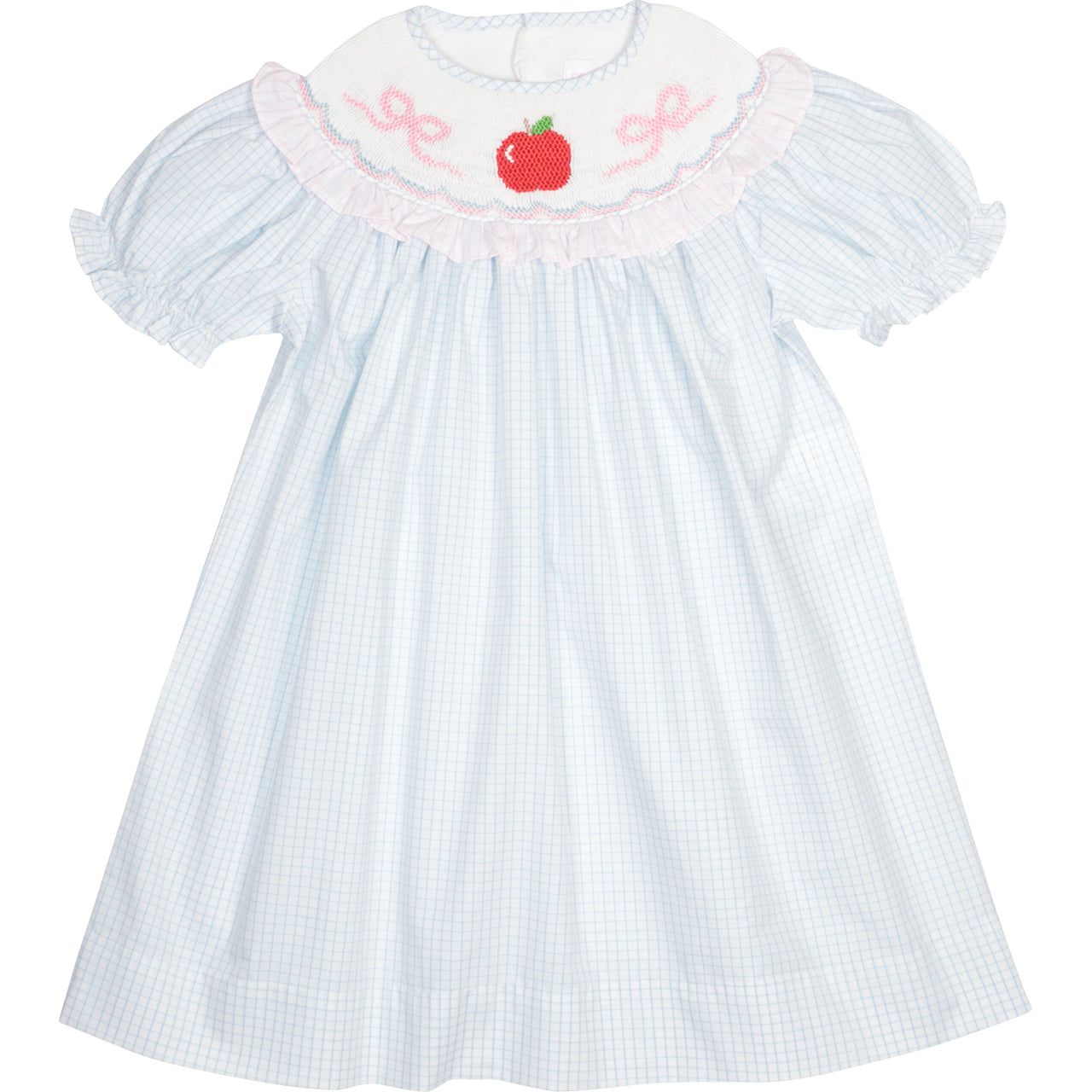 Blue And Pink Windowpane Smocked Apple And Bow Dress1