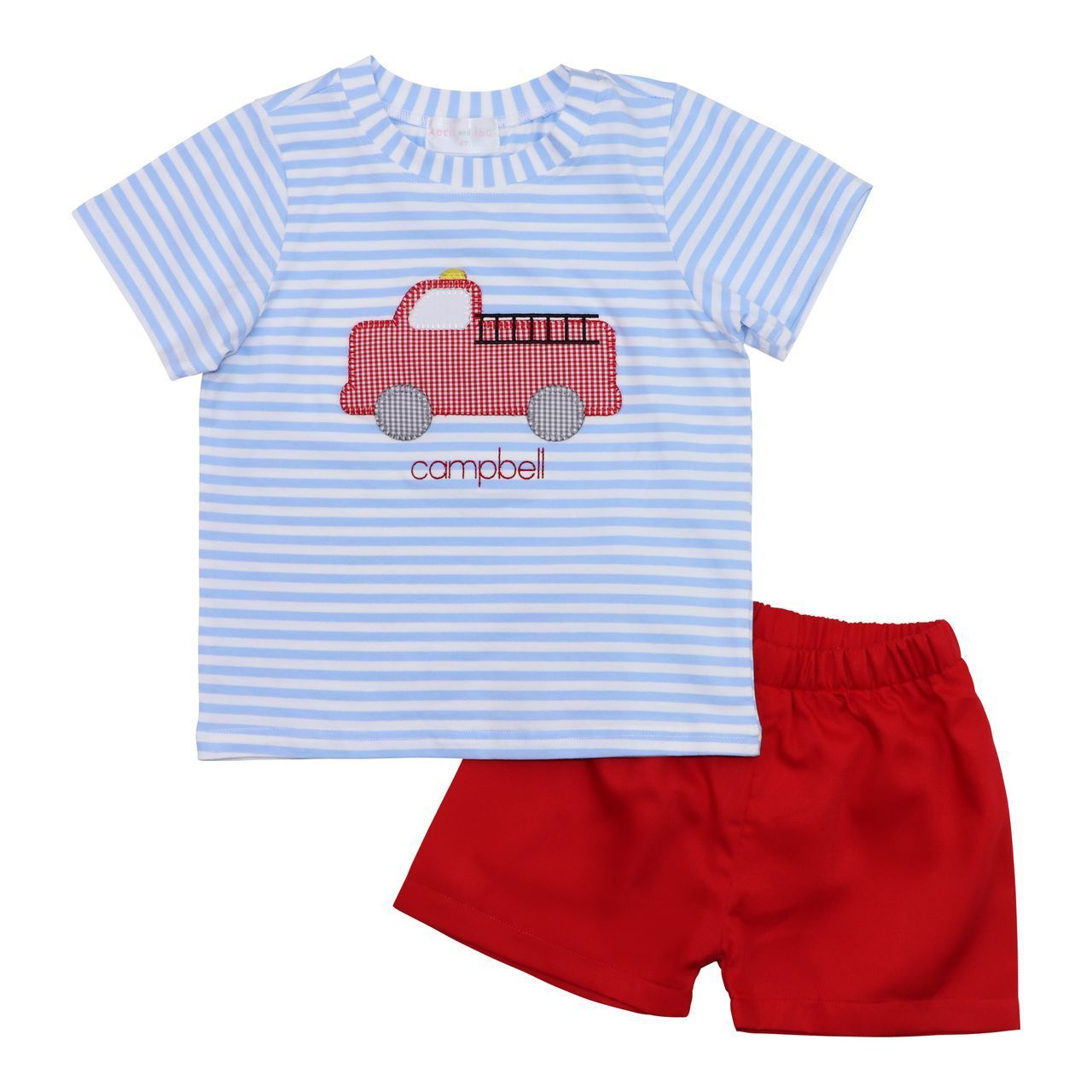 Blue And Red Applique Firetruck Short Set