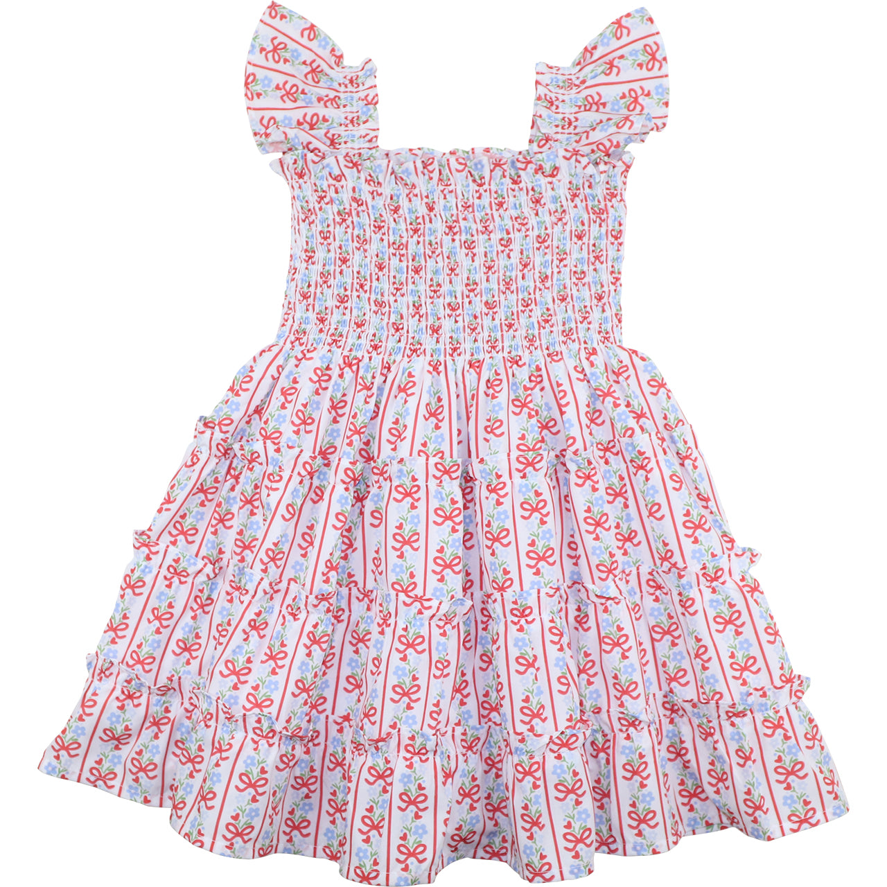 Children's dress with red and blue pattern on a white background