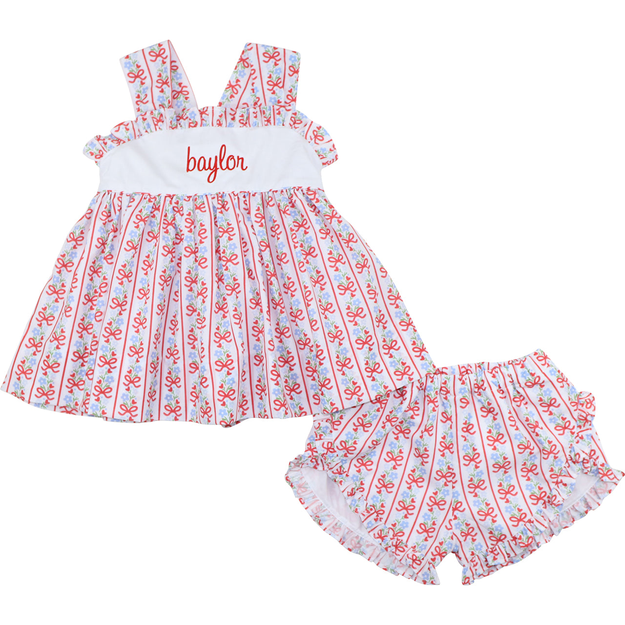 Children's short set with red and blue pattern on a white background