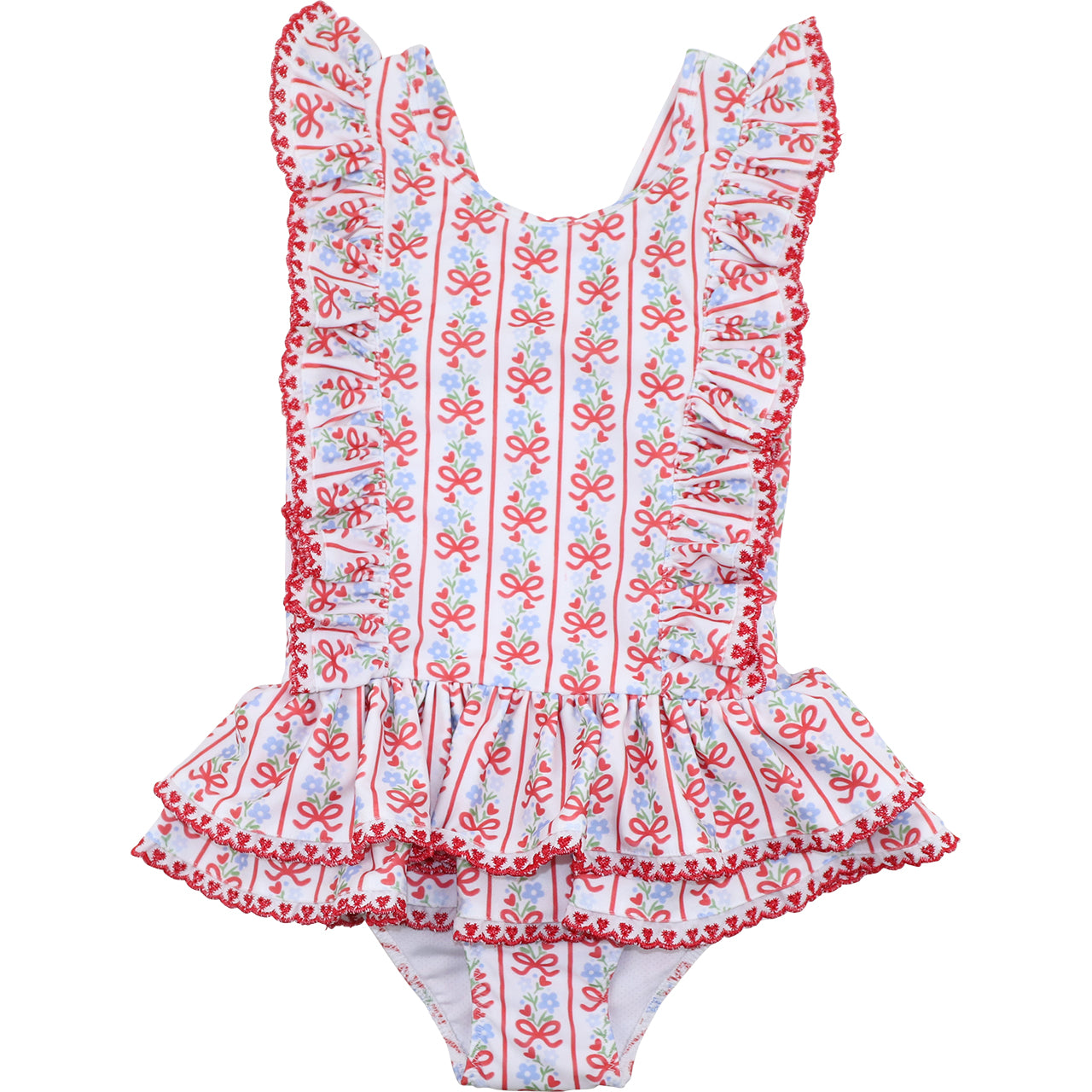 Children's swimsuit with red and blue floral pattern on a white background
