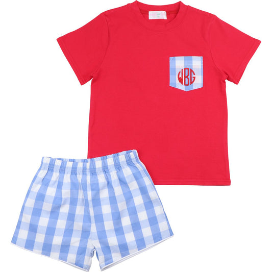 Blue And Red Check Pocket Short Set