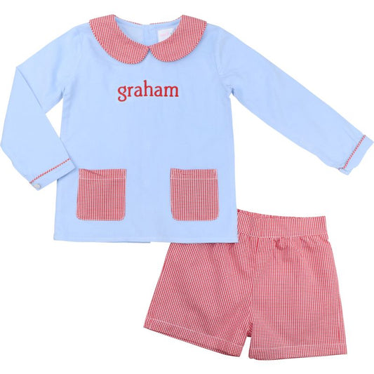 Blue And Red Corduroy Short Set