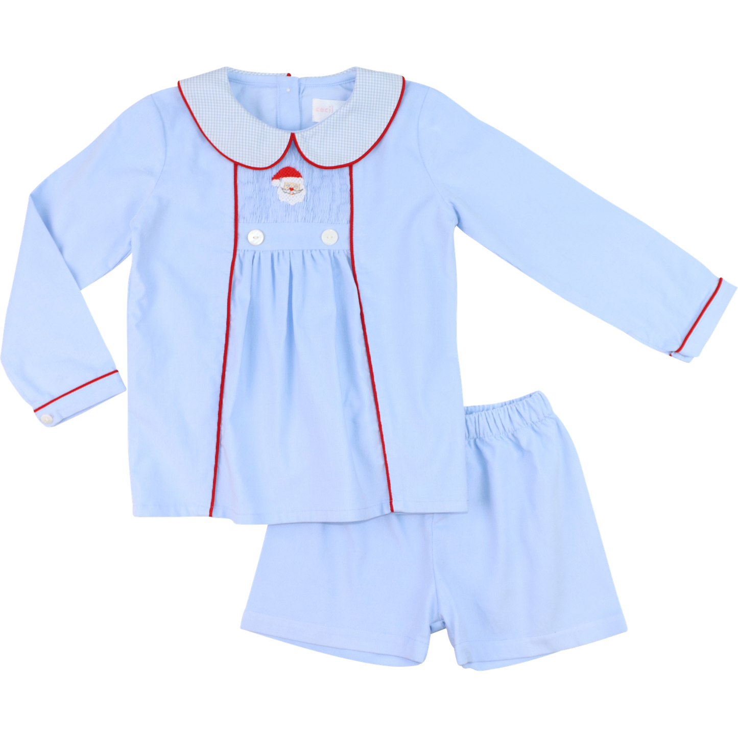 Blue And Red Corduroy Smocked Santa Short Set