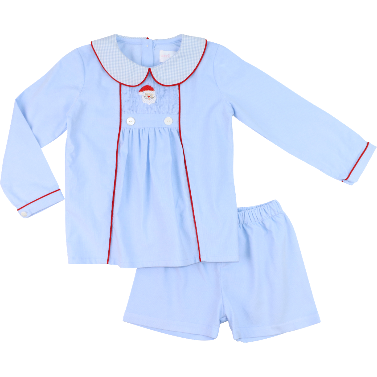 Blue And Red Corduroy Smocked Santa Short Set