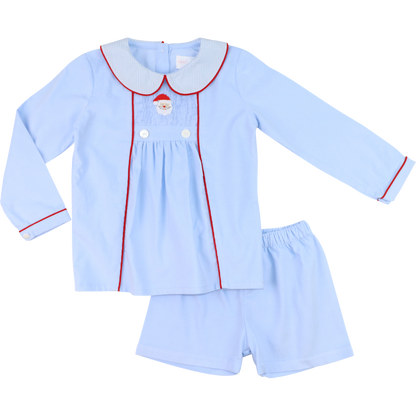 Blue And Red Corduroy Smocked Santa Short Set