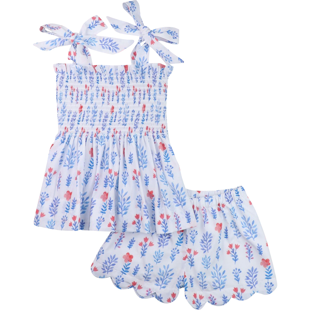 Blue And Red Floral Shoulder Tie Short Set