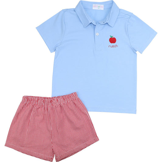 Blue And Red Gingham Apple Polo Short Set