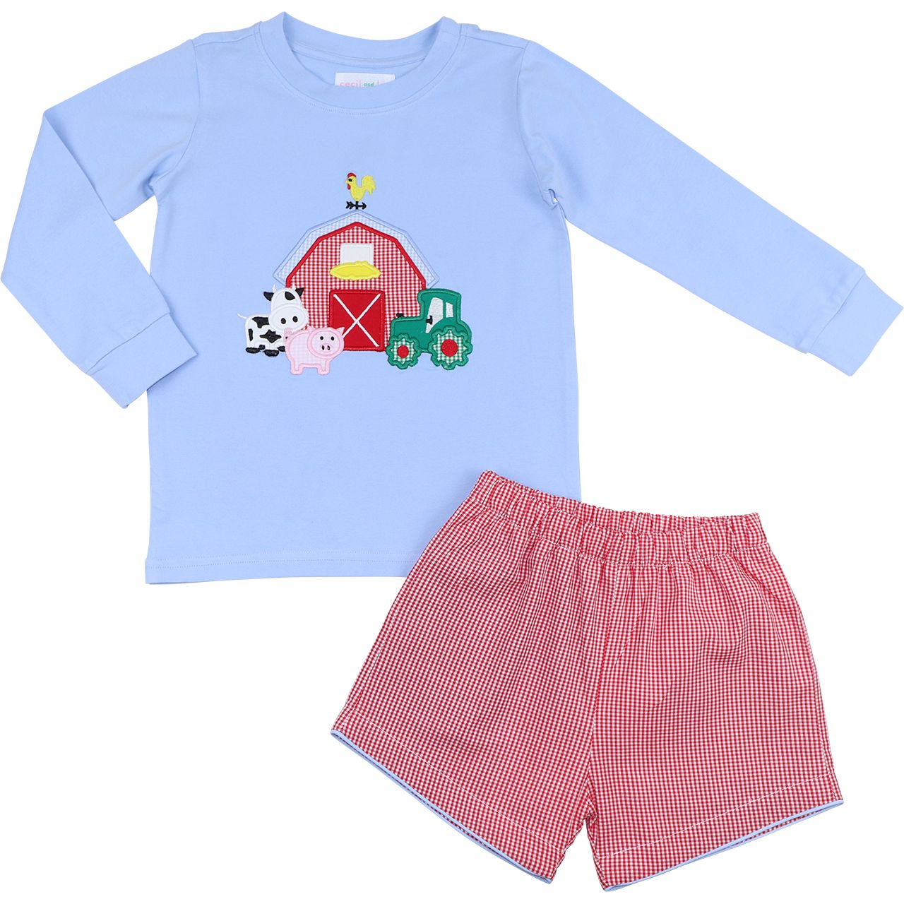 Blue And Red Gingham Applique Farm Short Set