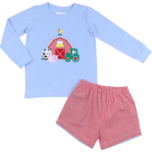 Blue And Red Gingham Applique Farm Short Set