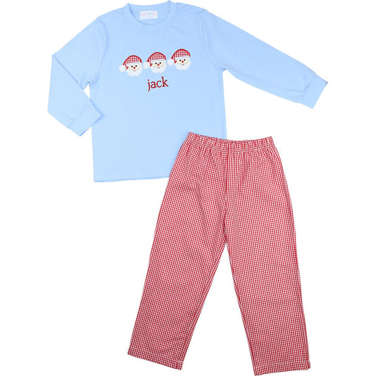 Blue And Red Gingham Applique Santa Faces Pant Set