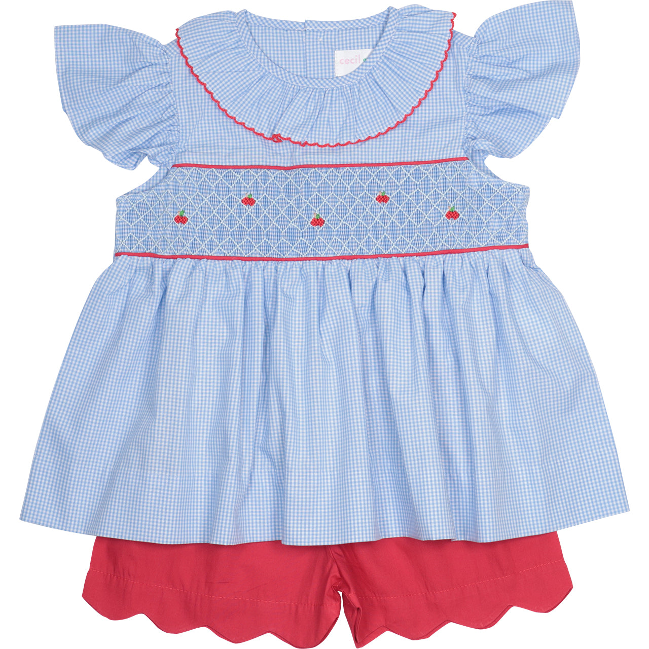 Blue And Red Gingham Smocked Apple Short Set