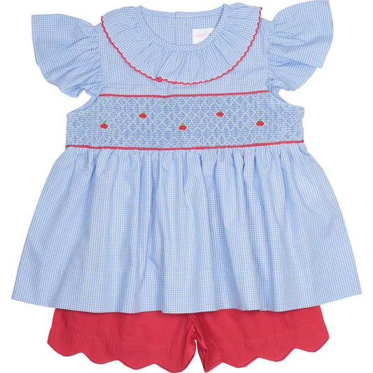 Blue And Red Gingham Smocked Apple Short Set1