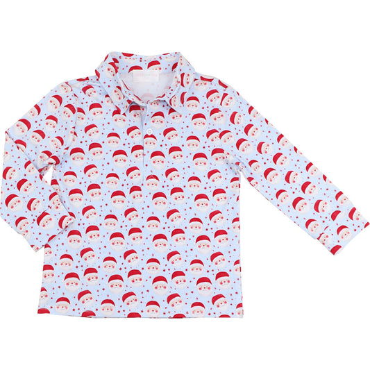 Blue And Red Knit Santa Print Polo Shirt