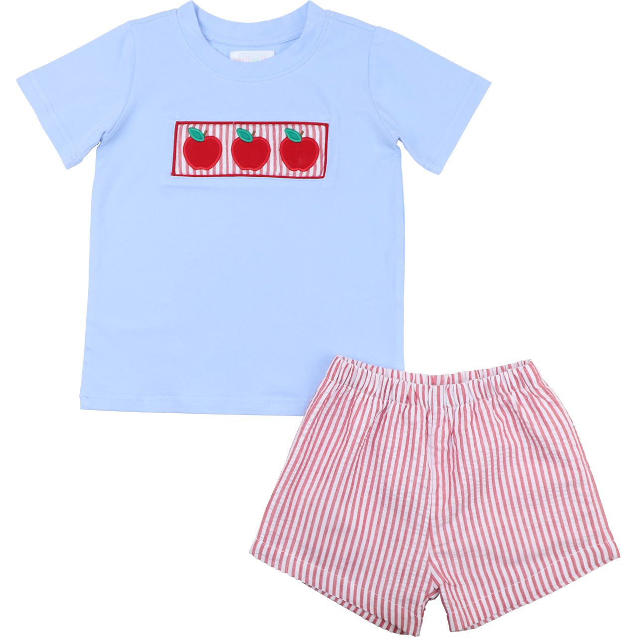 Blue And Red Seersucker Apple Short Set