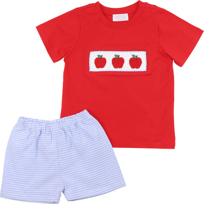 Blue And Red Seersucker Smocked Apple Short Set