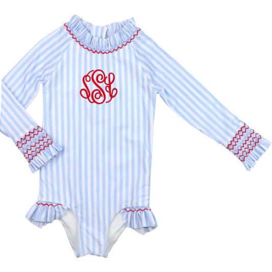Blue and Red Smocked Long Sleeve Swimsuit
