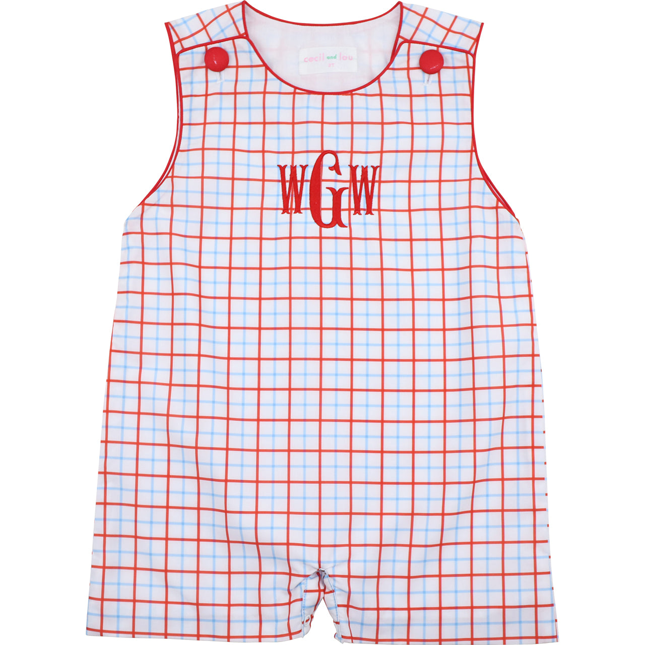 Children's checkered romper with red buttons and 'WGW' monogram on a white background