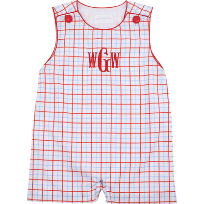Children's checkered romper with red buttons and 'WGW' monogram on a white background