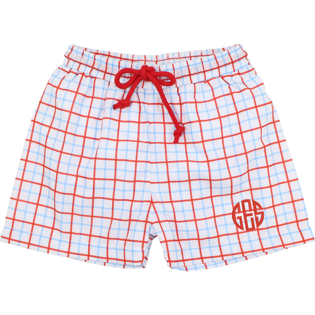 Plaid trunks with a red drawstring and monogram on a white background