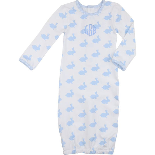 Blue And White Bunny Print Knit Baby Gown