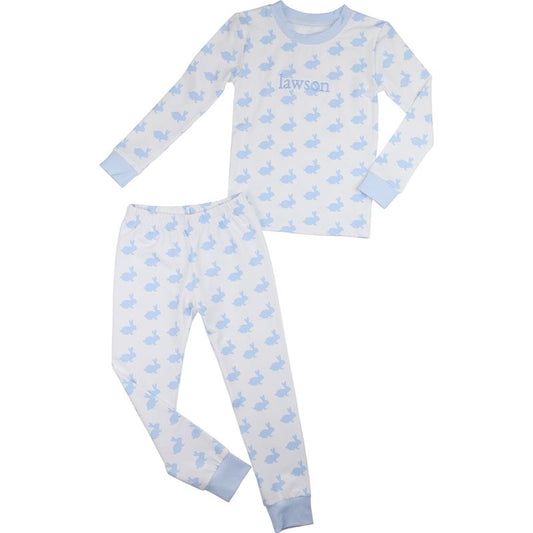 Blue And White Bunny Print Knit Pajamas