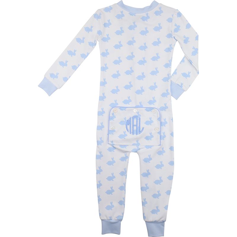 Blue And White Bunny Print Knit Zipper Pajamas