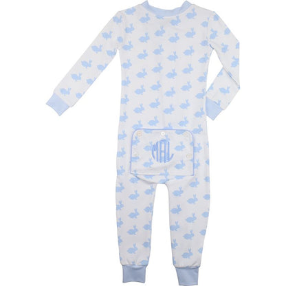Blue And White Bunny Print Knit Zipper Pajamas