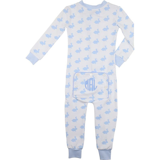 Blue And White Bunny Print Knit Zipper Pajamas