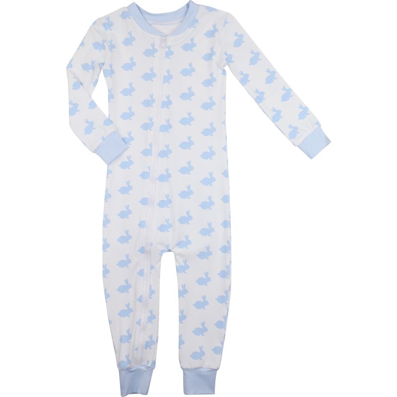 Blue And White Bunny Print Knit Zipper Pajamas
