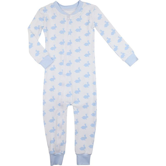Blue And White Bunny Print Knit Zipper Pajamas