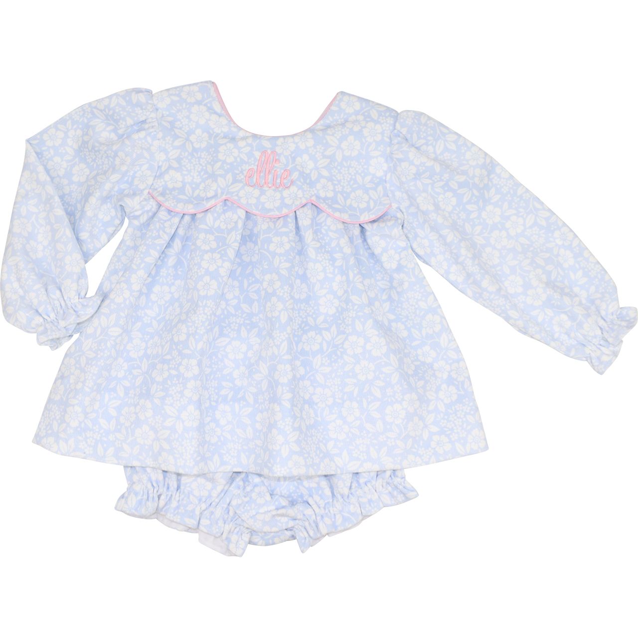 Blue And White Floral Corduroy Bow Diaper Set