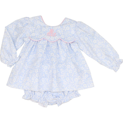Blue And White Floral Corduroy Bow Diaper Set