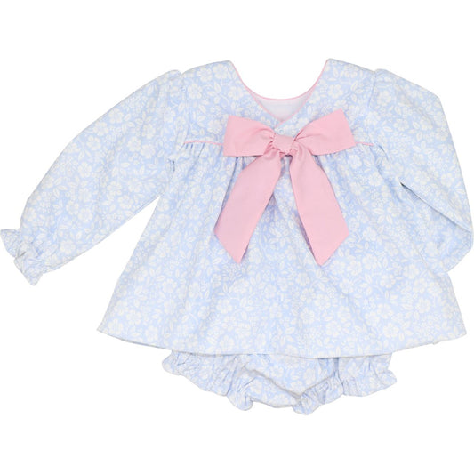 Blue And White Floral Corduroy Bow Diaper Set Back 