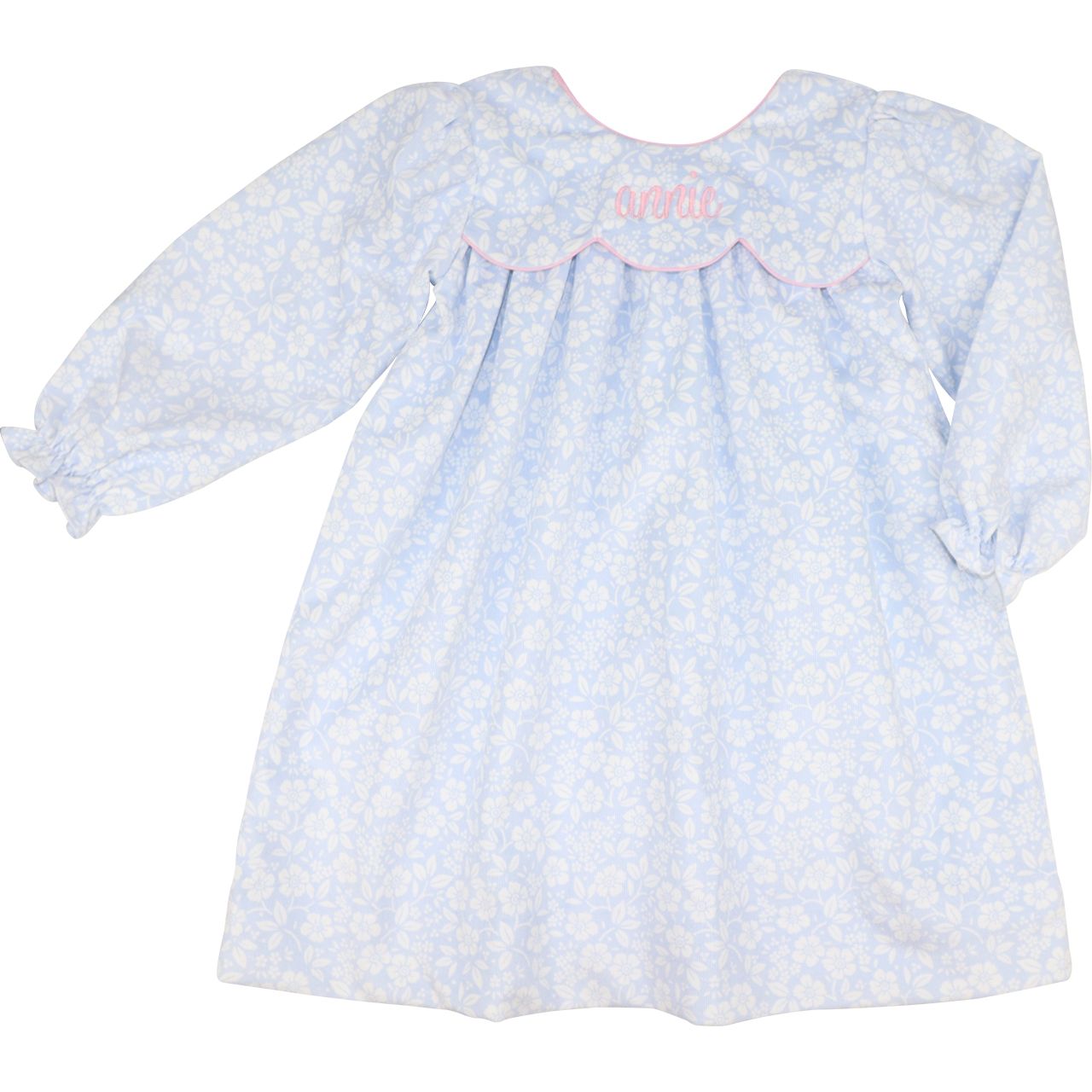 Blue And White Floral Corduroy Bow Dress
