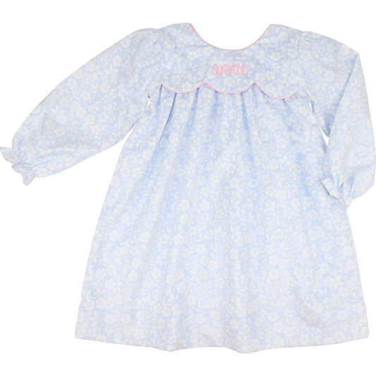 Blue And White Floral Corduroy Bow Dress