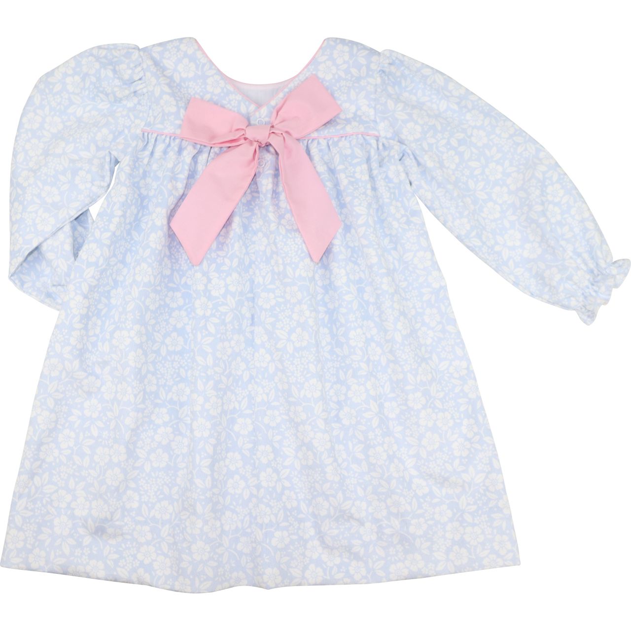 Blue And White Floral Corduroy Bow Dress Back