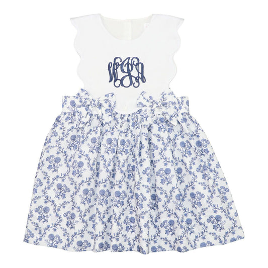 Blue And White Floral Scalloped Bow Dress