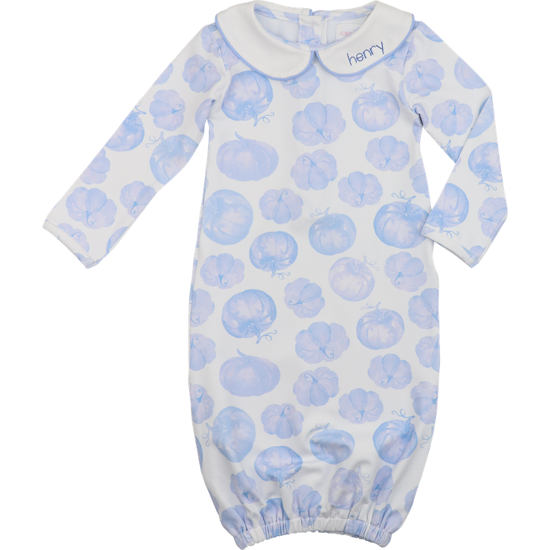 Blue and white knit pumpkin baby gown 