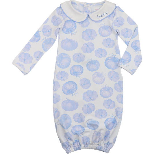 Baby onesie with blue pumpkin pattern on a white background