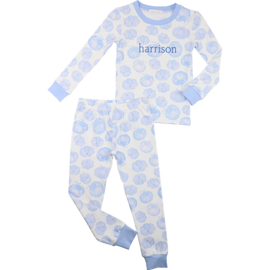 pajama set with blue pumpkin pattern and 'harrison' branding on a white background