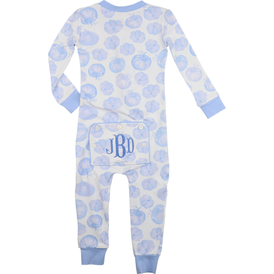zipper pajama with blue pumpkin pattern and monogram on a white background