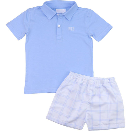 Blue And White Plaid Polo Short Set