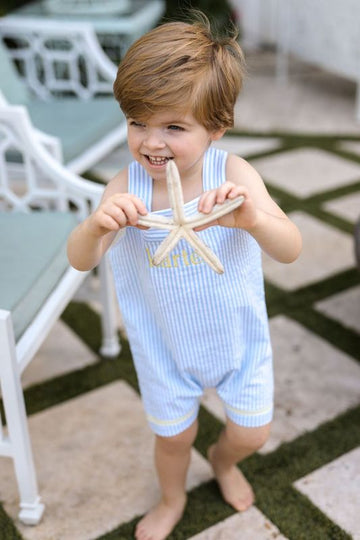 Anavini Boys Blue Seersucker Striped Jon Jon - Smocked Sailboats main image 1