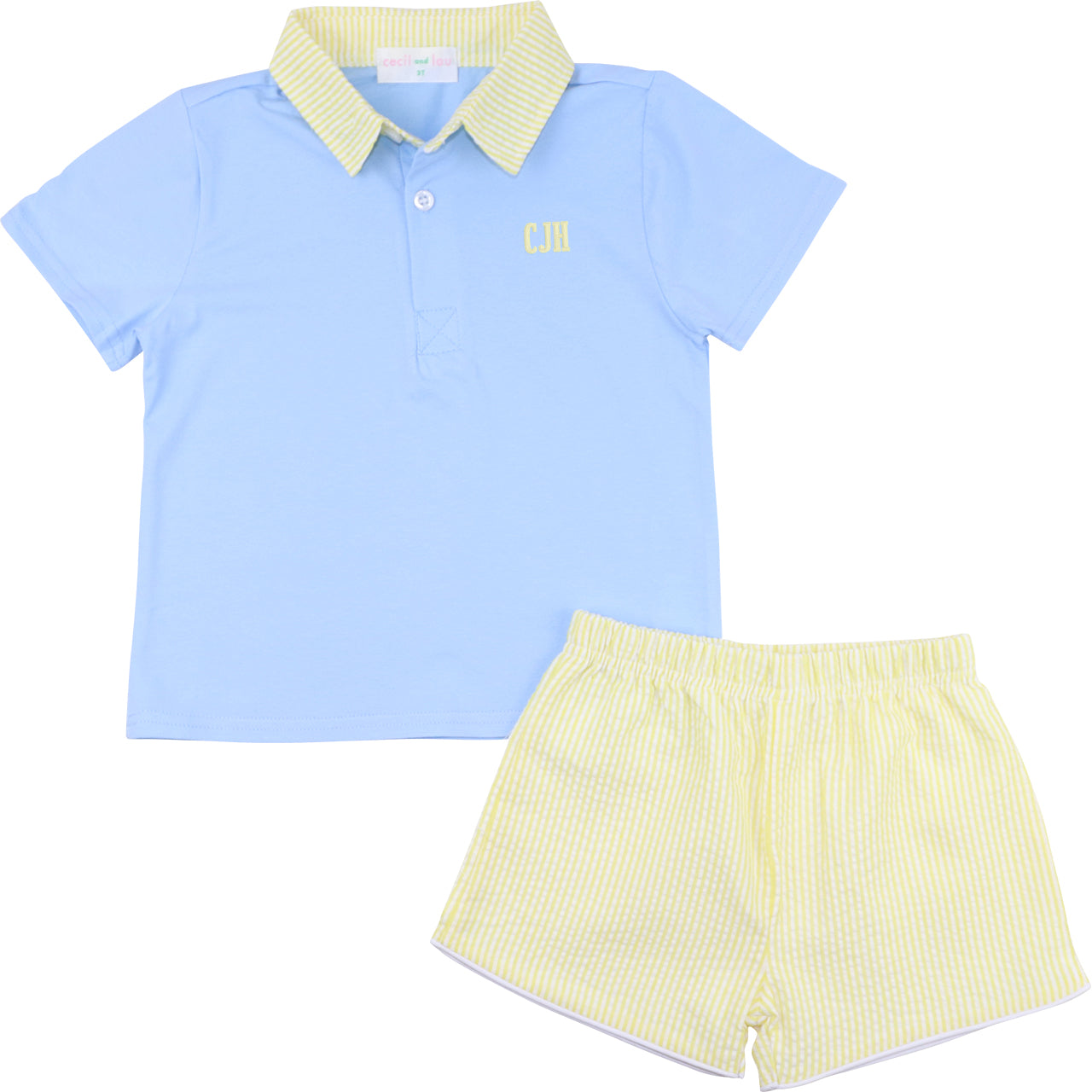 Blue And Yellow Seersucker Polo Short Set