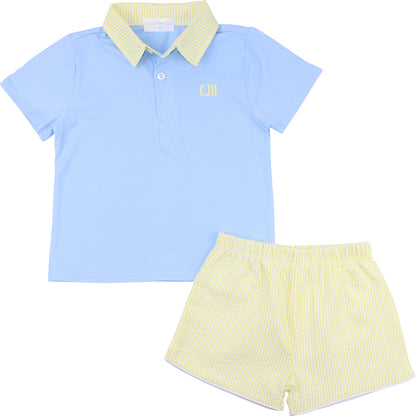 Blue And Yellow Seersucker Polo Short Set